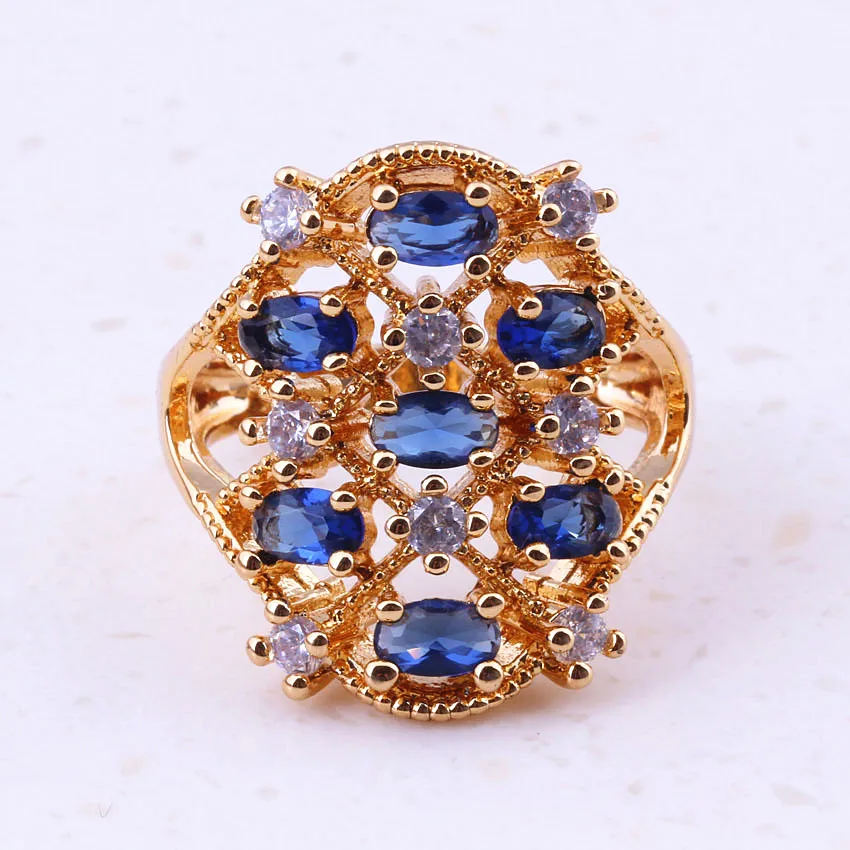 Fascinating Blue Crystal Cubic Zirconia Yellow Gold Color Rings Women