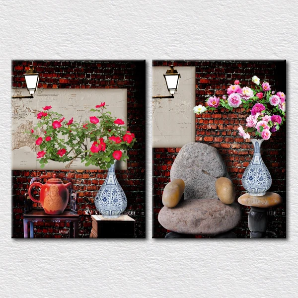 

Canvas Print 2pcs set designs Antique decoration art picture Red brick wall colors flower in vase give you a Artistic atmosphere