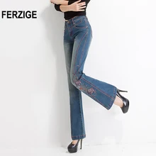Женские джинсы FERZIGE с цветочной вышивкой, брюки-клёш, расклешенные брюки, Ретро Синие сексуальные женские джинсы с пуш-ап, большие размеры 36 Mujer