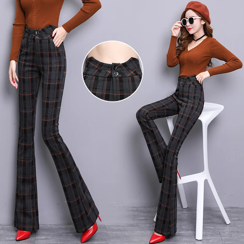 

Fashion casual pants female spring New woolen wide leg pants female version of the casual bell pants high waist plaid trousers