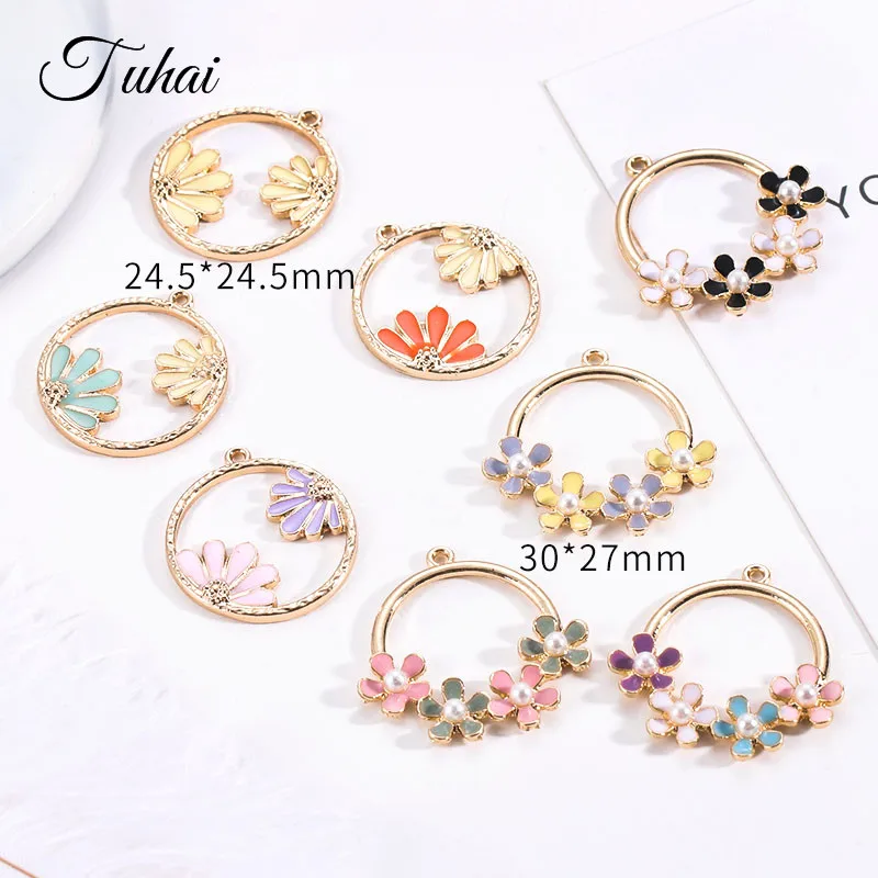 

5pcs /lot Enamel Circle Flower Charms Pendant for Women Earrings Making Alloy Metal Simulated Pearls Dangle Accessories Diy