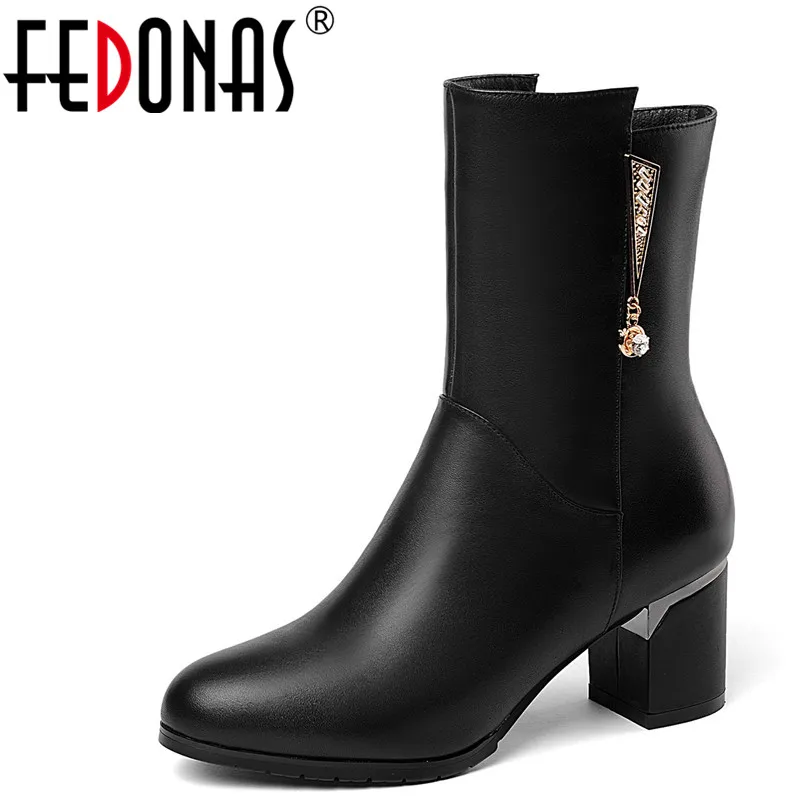 

FEDONAS Fashion Women Mid-Calf Boots Genuine Leather Autumn Winter Warm High Heels Shoes Rhinestone Party Shoes Woman High Boots