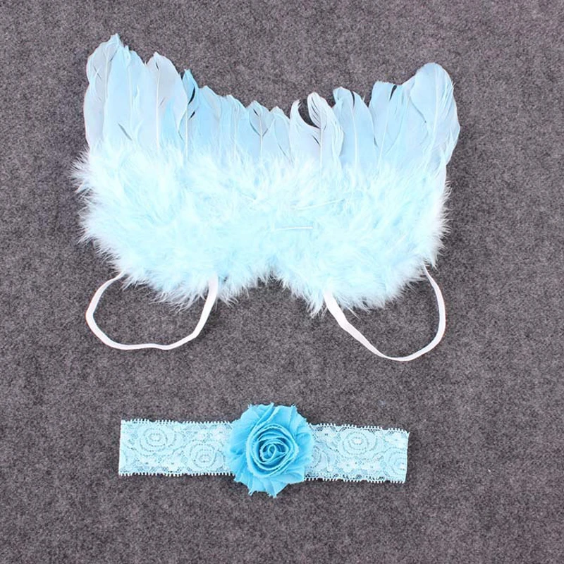 

Baby Favorite Fashion Newborn Baby Kids 0-6 M Blue Angel Wings & Headband Photography Feather Lace Headband Photo Props WLF89