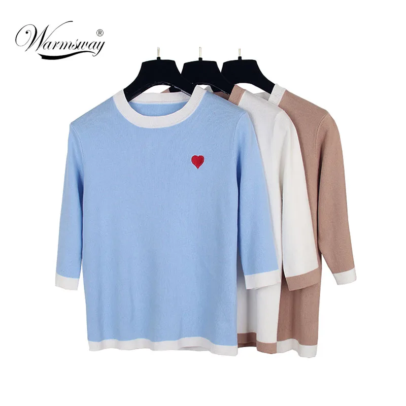 

Autumn Knitted Pullover Three Quarter Sleeve Love Heart Embroidery Tops Elegant Loose Student Women Sweater Blusas B-015