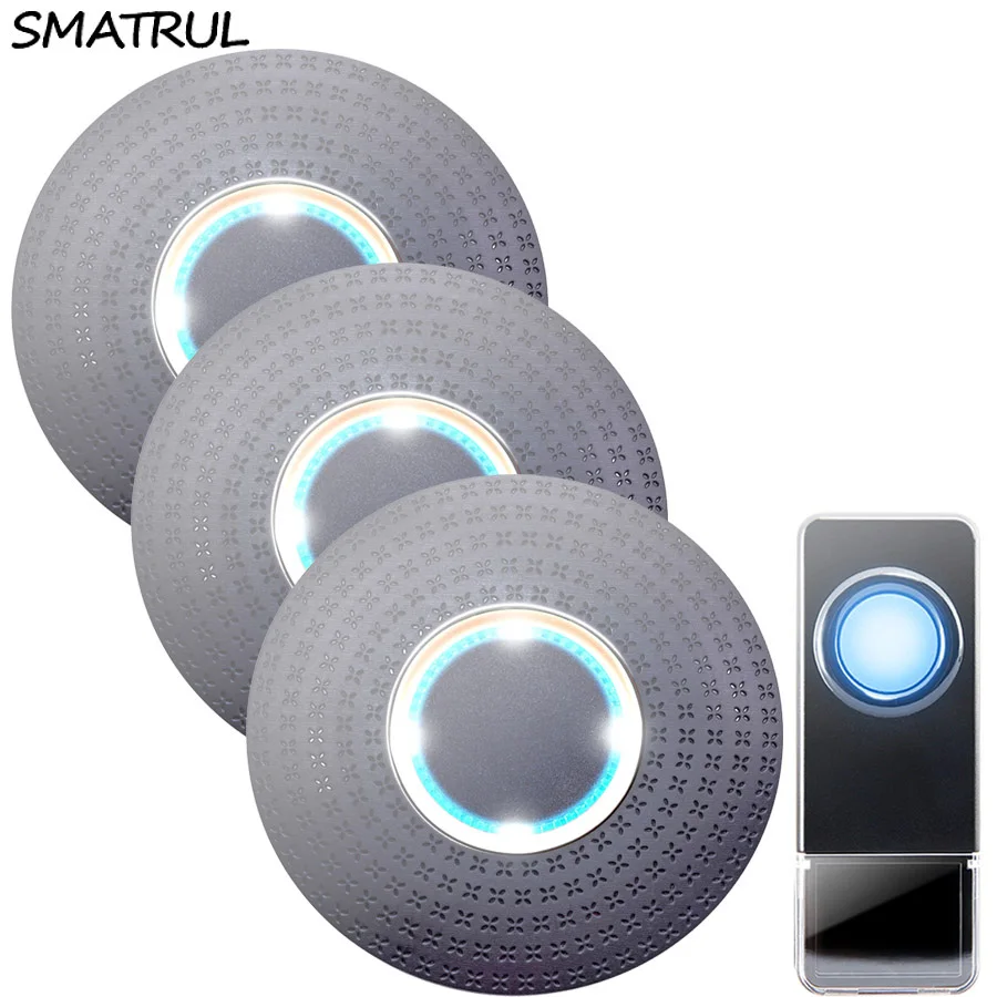 SMATRUL New Waterproof Wireless Doorbell EU Plug 300M Remote smart Door Bell Chime ring  1 button  3 receiver no battery Deaf Gorgeous lighting black