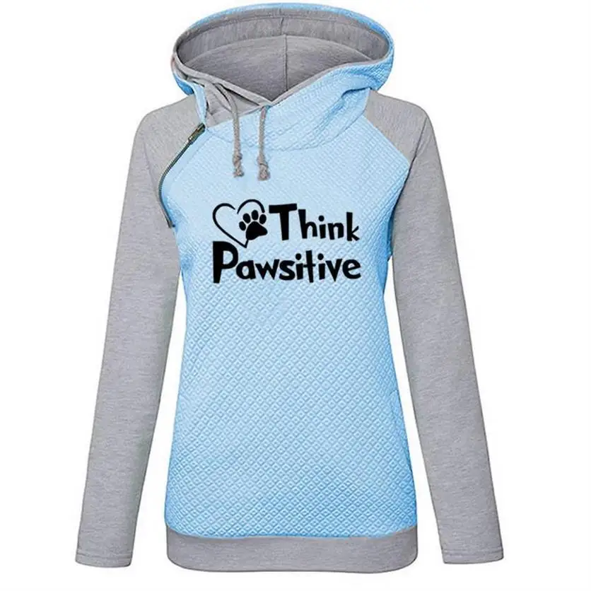 Zipper Decoration Hoodies For Women Think Pawsitive Letters Print Sweatshirts Kawaii Hoodies Women Tops Pockets Printing Loose