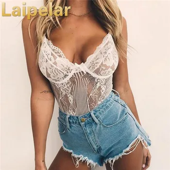 

Laipelar Sexy Bodysuit 2018 Autumn Women Shoulder Strap Bow Tie Floral Embroidery Hollow Out Lace Bodysuit Black White Romper