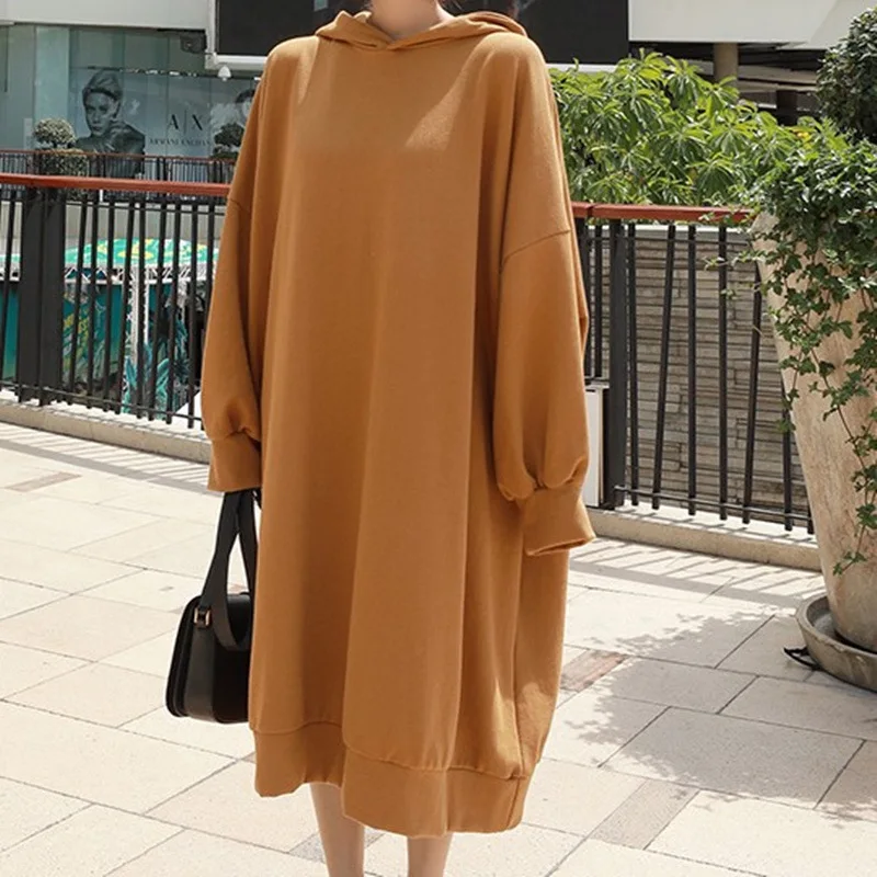 

LANMREM 2019 Autumn And Winter New Casual Fashion Temperament Women Loose Plus Solid Color Long-sleeved Hooded Dress TC650