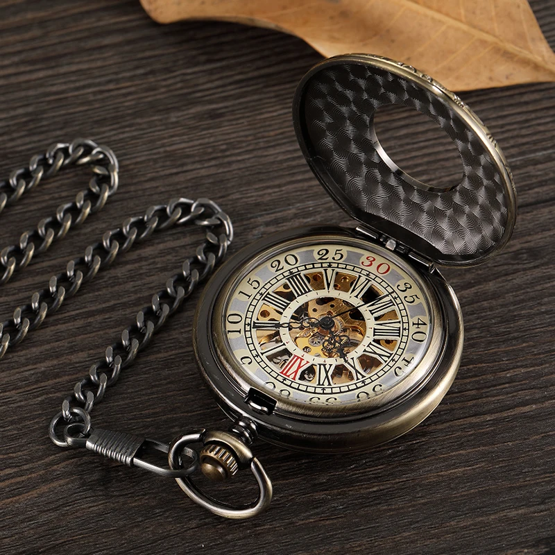 Dupla Face Mecânica Pocket Ver Homens Oco Steampunk Esqueleto Mão Vento Vintage Pocket & Fob Relógio Masculino Relógio Cintura Cadeia - Image 6