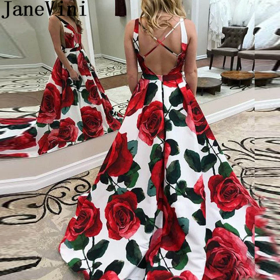black prom dress JaneVini Floral Vestidos Prom Dresses 2019 Long V-Neck Cross Back Flowers Formal Gown Satin Sleeveless Ladies Party Gala Dress royal blue prom dresses