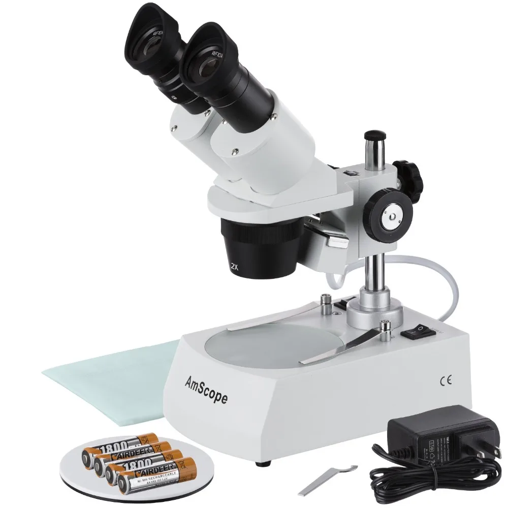 AmScope Cordless LED Top and Bottom Lights Stereo Microscope 20X 40X