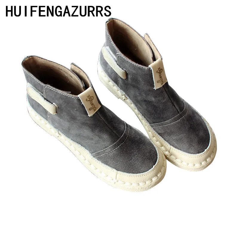 

HUIFENGAZURRCS-The original hand stitching color round tie soft bottom Martin boots female leather boots, ady Casual boots
