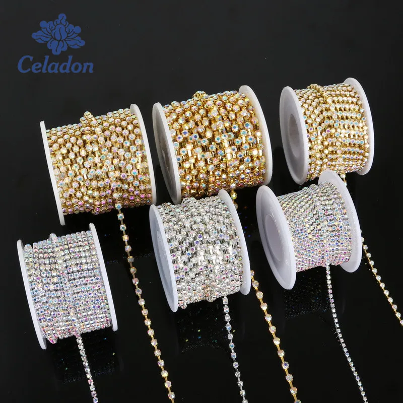 1 Roll 10 Yards Crystal AB Rhinestone Trim Cup Chain Sewing Craft Silver Base Crystal AB, SS16 4mm