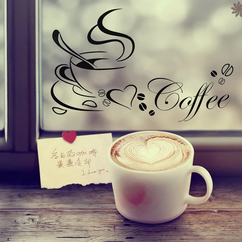 TIE LER Coffee Cup With Heart Vinyl Restaurant Kitchen Removable Wall Stickers DIY Home Decor Wall Art TIE LER Coffee Cup With Heart Vinyl Restaurant Kitchen Removable Wall Stickers DIY Home Decor Wall Art