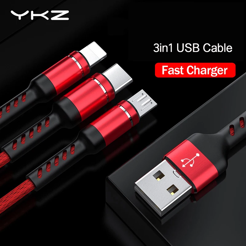 Usb-кабель YKZ для быстрой зарядки 3А 3 в 1 кабель для мобильного телефона для зарядки Microusb type C для samsung Xiaomi кабель для iOS 12