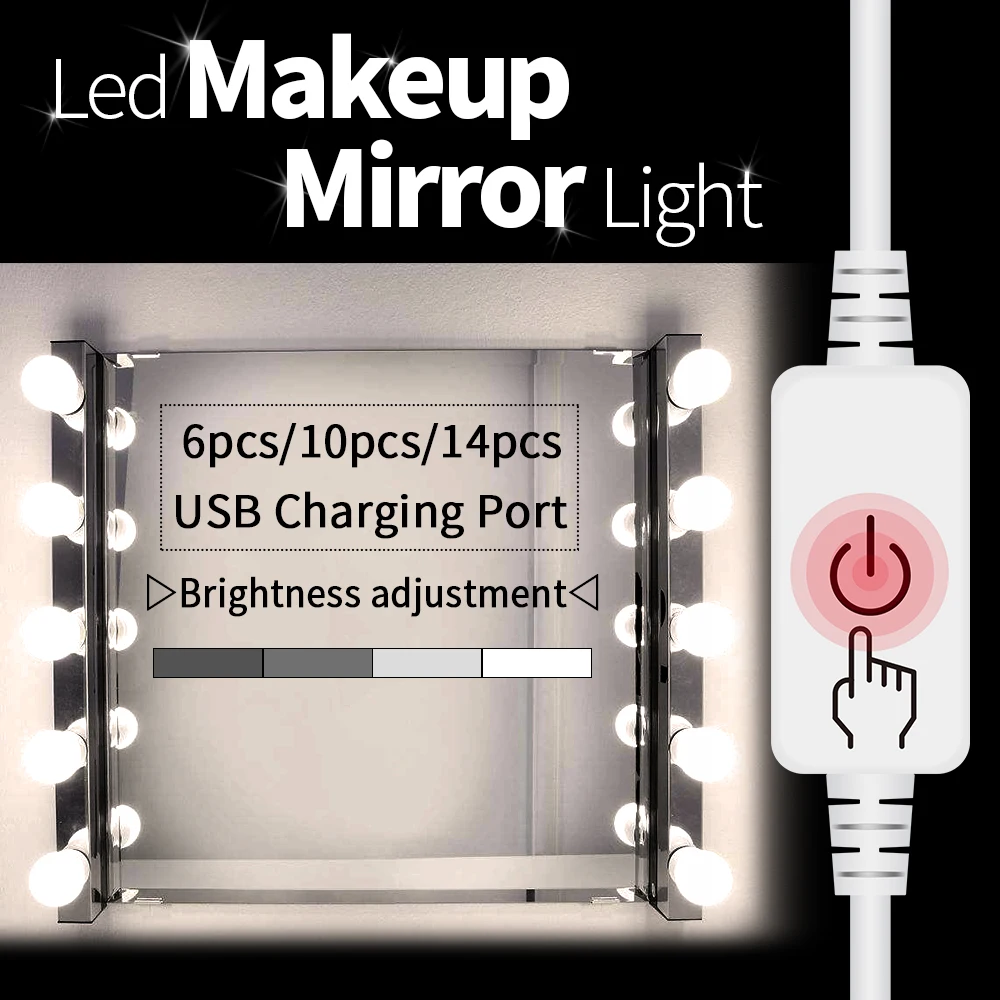

Led Makeup Mirror Lamp 12V Vanity Make Up Light Adjustment Dressing Table 10 14 Bulbs Kit USB Hollywood Wall Lamp for Bathroom