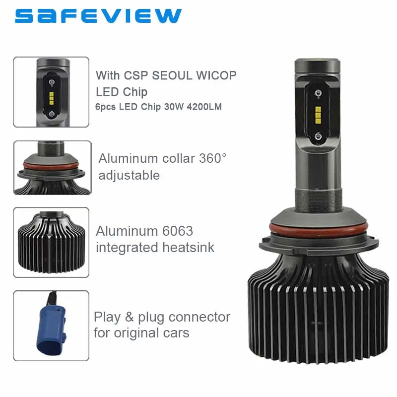 2 шт. SAFEVIEW светодиодный головной светильник автомобильный 9007 csp 5000k 12V 30W 6000K помощи