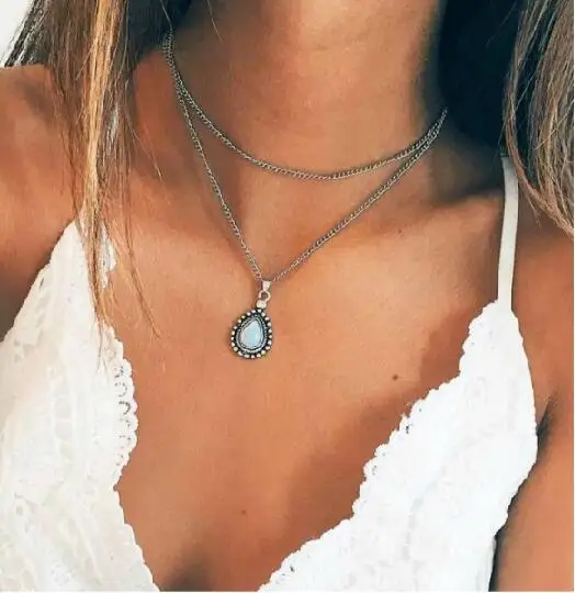 

Vintage Punk Double Layer Opal Water Droplets Choker Necklaces Pendants for Women Tribal Jewelry Tibet Silver Color Jewelry