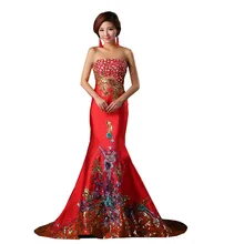 Rot Orientalischen Abendkleid mit Steinen Pfau Muster Mermaid Satin Damen Formale Kleid