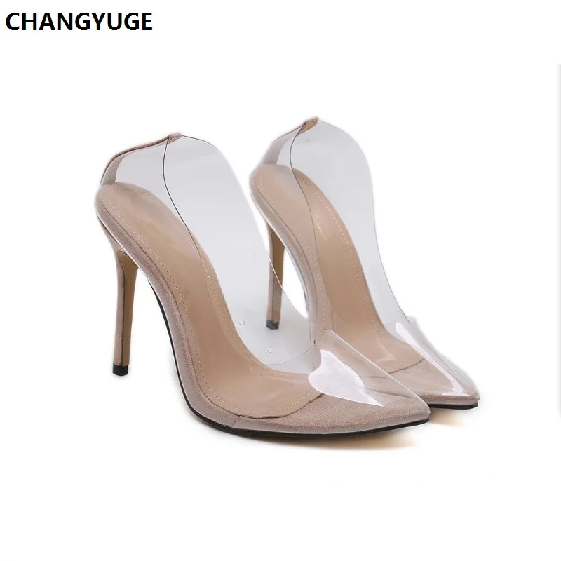 Прозрачный помпон Sandalen Perspex прозрачный ПВХ Hak Stiletto Hoge Hakken Punt Tenen Vrouwen Partij Schoenen Nachtclub