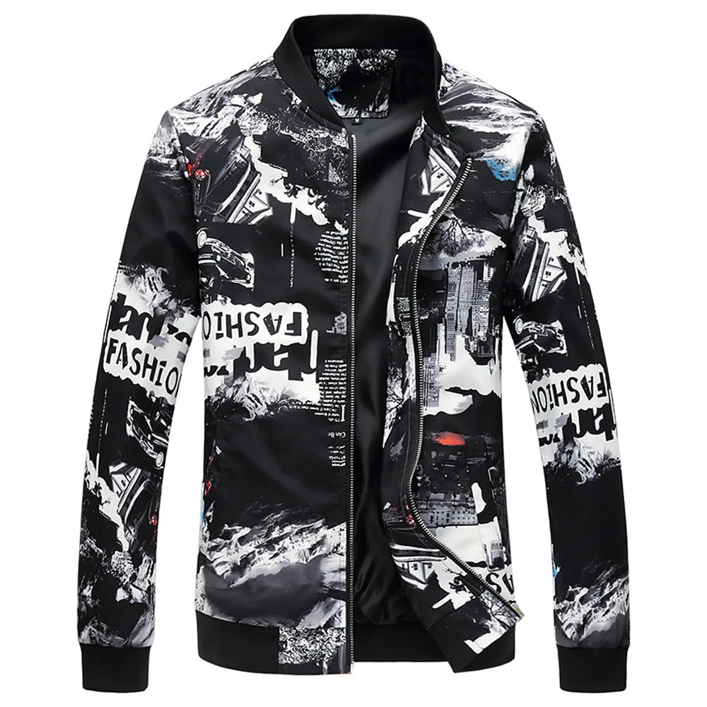 

New Style Men's Autumn Winter Black and White Flower Print Tops 2019 Mens Bomber Jacket Fat Extra Size Jacket Baseball Coat