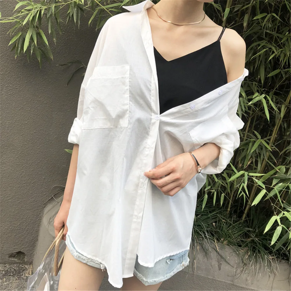 Boyfriend Style Casual Vacation White Long Blouse Women Summer Women Long Sleeve Shirt Blouse High quality loose Blouse Tops (11)