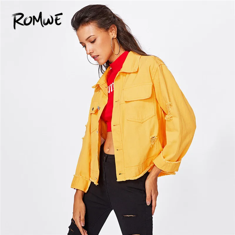 ROMWE Slit Side Frayed Denim Jacket Casual Breasted Women Ripped Yellow Basic Coat Spring Fall Collar Long Sleeve Jacket ROMWE Slit Side Frayed Denim Jacket Casual Breasted Women Ripped Yellow Basic Coat Spring Fall Collar Long Sleeve Jacket