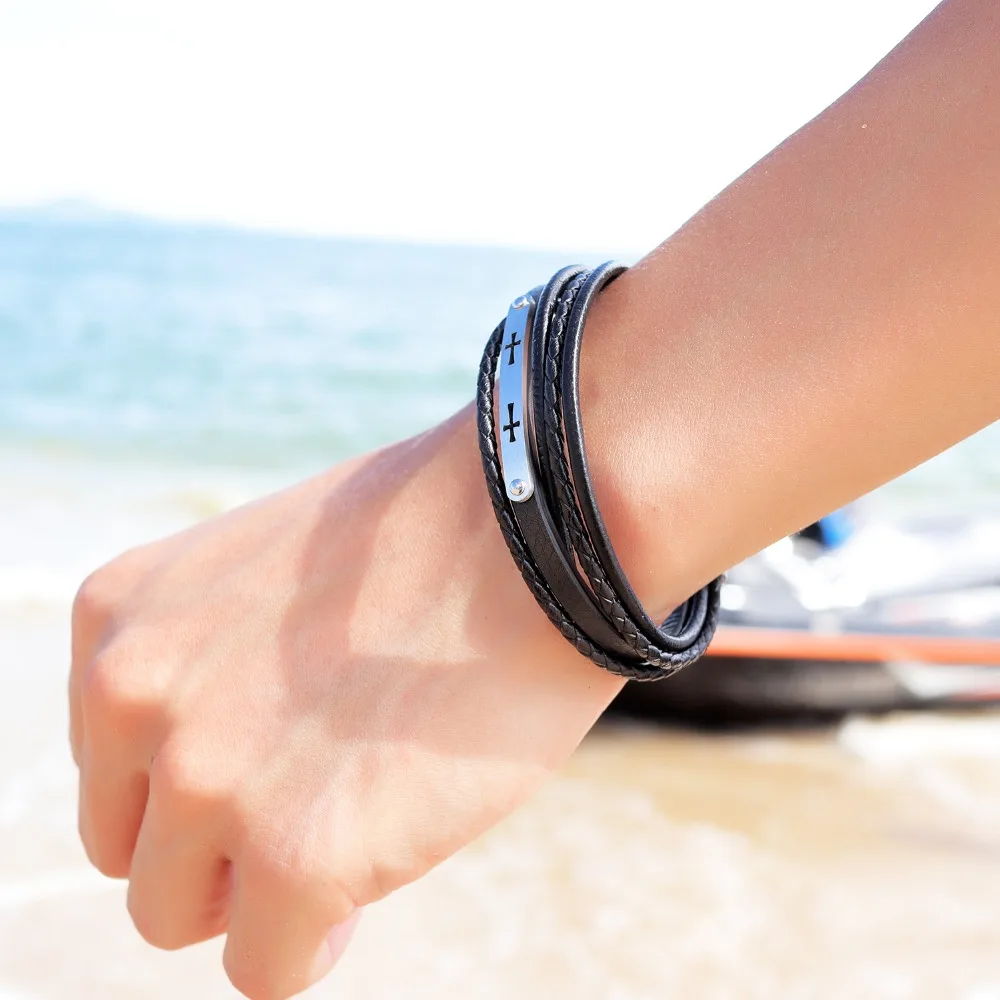 FATE LOVE New Male Men Statement Wrap Bracelets & Bangles Jewelry Black PU Leather Cross Wristlet Fashion Jewelry
