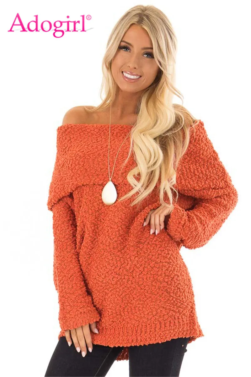 

Adogirl Women Off Shoulder Comfy Sweater 2019 Autumn Winter New Folded Slash Neck Long Sleeve Loose Casual Pullovers Knitted Top