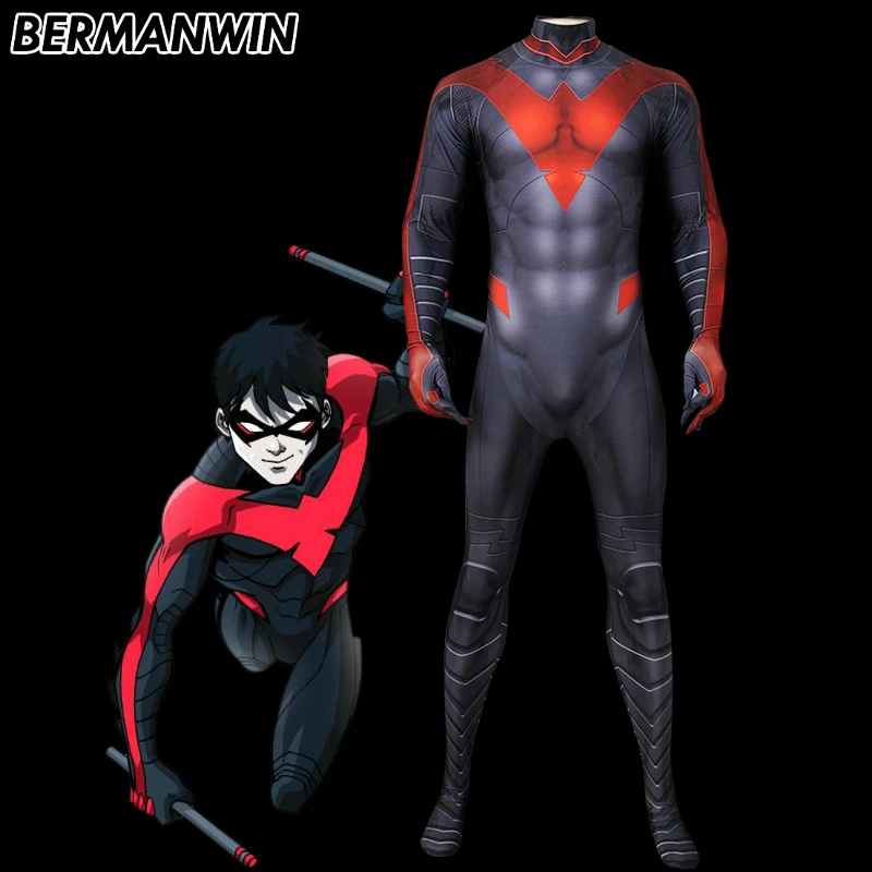 BERMANWIN высокое качество 3D принт Nightwing костюм Batman Arkham City взрослых Для мужчин супергероя Косплэй Зентаи комбинезон ночь крыла костюм