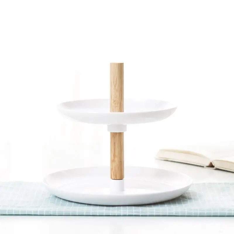 Portable Detachable wooden rod double decker kitchen melon fruit disc candy box fruit plate table