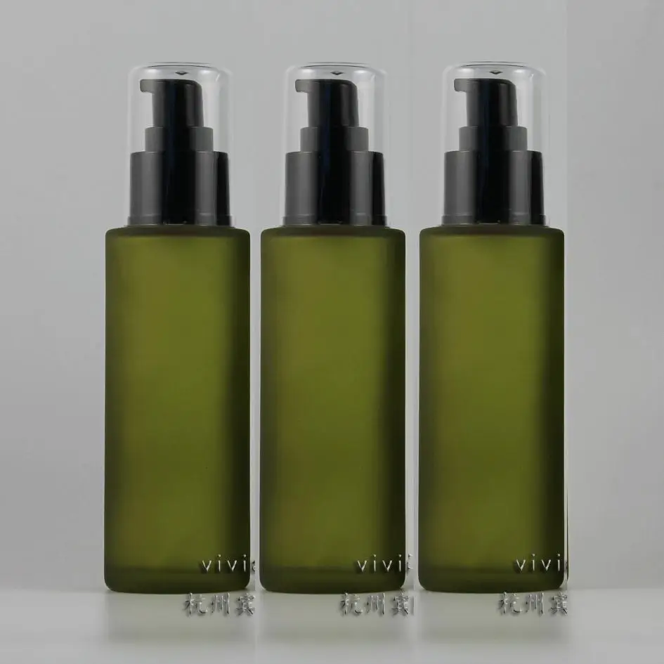 100ml olive green frosted round Glass lotion bottle with black plastic pump,cosmetic packing ...