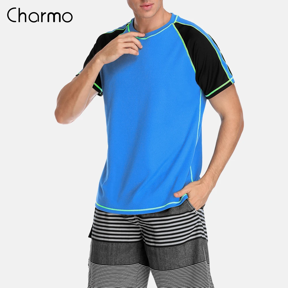 Charmo для мужчин Рашгард сухой Fit короткие рубашки серфинга Дайвинг рубашка УФ