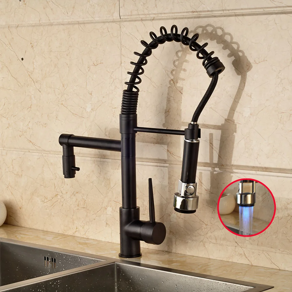 

LED Spout Kitchen Sink Faucet Double Swivel Spout Mixer Tap Oil Rubbed Bronze