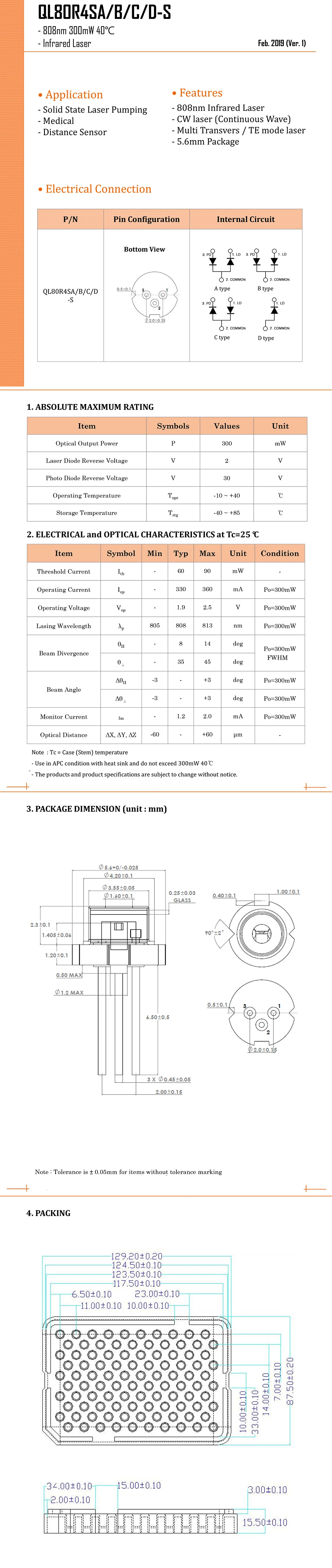 Горячая TO-18 Упаковка промышленный 808nm 300mw лазерный диод