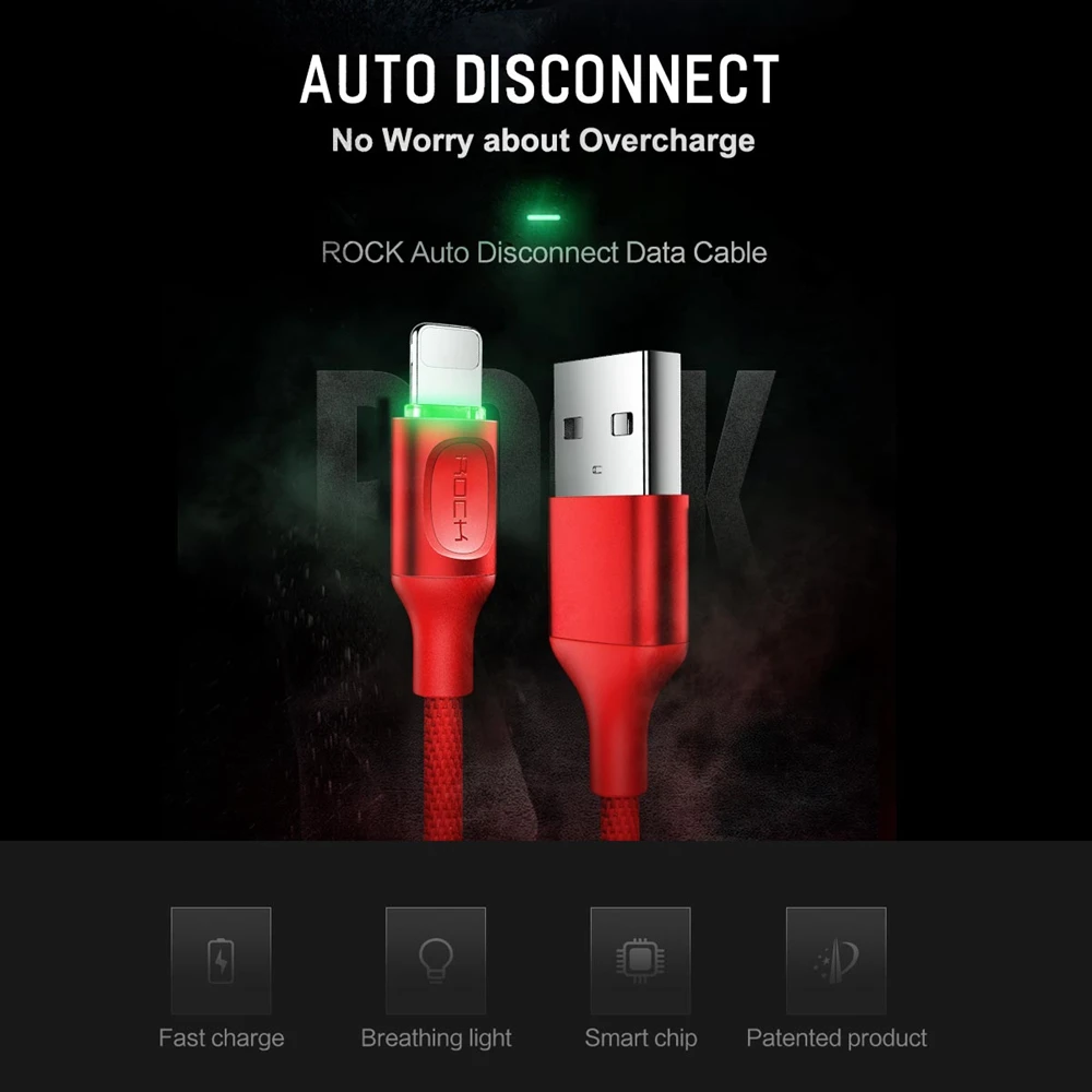 Обновленный usb-кабель ROCK с автоматическим отключением для iPhone X, 8, 7, 6, 5, 2.1A светодиодный светильник для синхронизации данных, быстрой зарядки, usb-кабель для iPhone, зарядное устройство