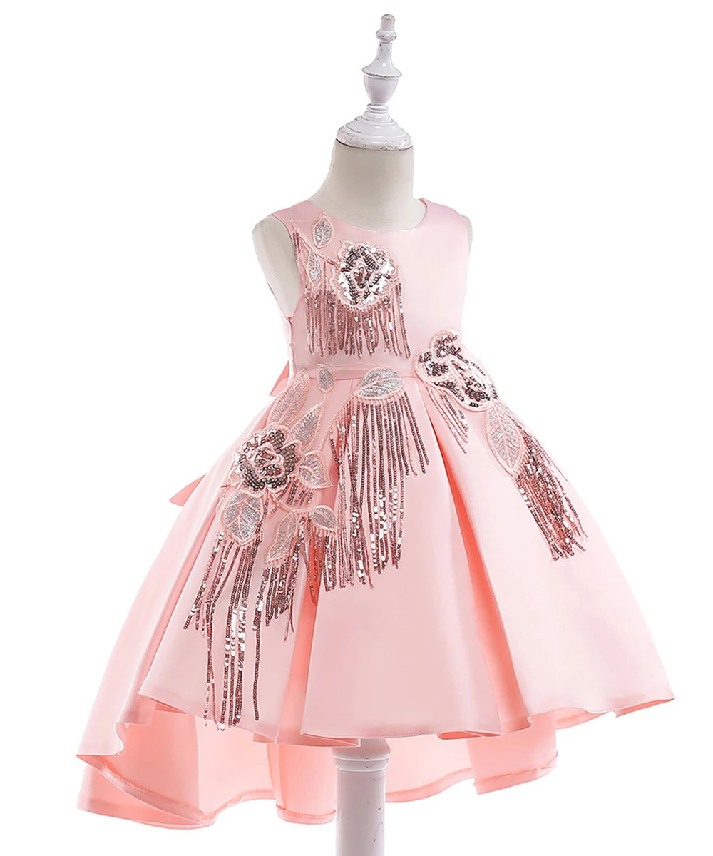 Новое поступление; платье принцессы до колена с цветочным узором для девочек; коллекция года; детское сатиновое бальное платье с блестками и цветами; платья для причастия для девочек