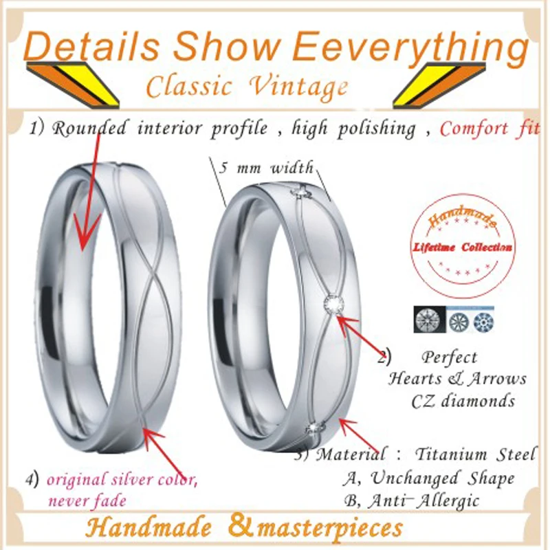 Silver color Wedding Band Promise Rings Never fade Surgical Healthy Stainless Steel Jewelry Engagement Couple Rings