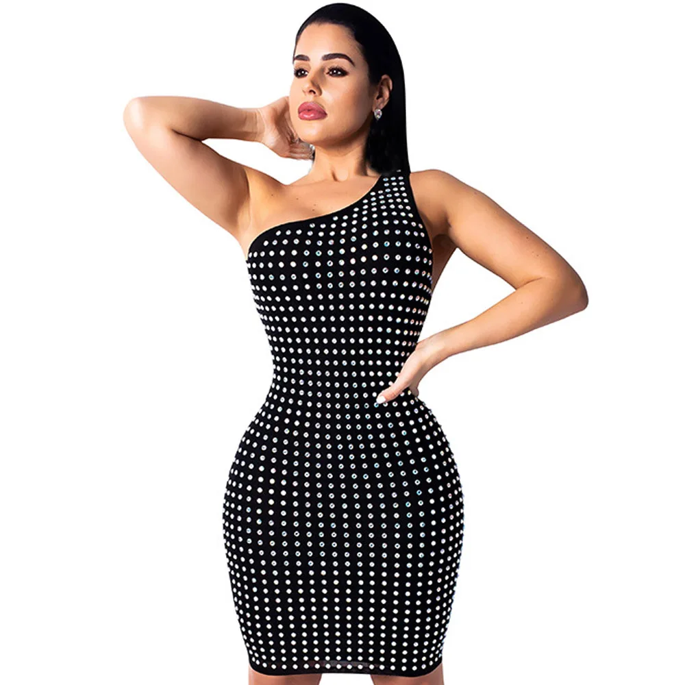 Sexy Sparkly Rhinestone Backless Dress Women One-Shoulder Irregular Dress Slim Party Club Bodycon Dresses Vestidos Robe Sexy Sparkly Rhinestone Backless Dress Women One-Shoulder Irregular Dress Slim Party Club Bodycon Dresses Vestidos Robe