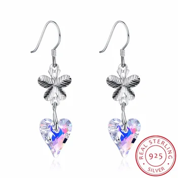 

LEKANI Crystal from Swarovski 925 Sliver Women Earring Fine Jewelry Heart Crystal Butterfly Long Drop Earring for Party Brincos