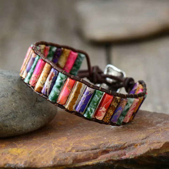 

Boho Bracelet Tube Shape Natural Stone Single Leather Wrap Bracelet Semi Precious Stone Women Beaded Cuff Bracelet Dropship