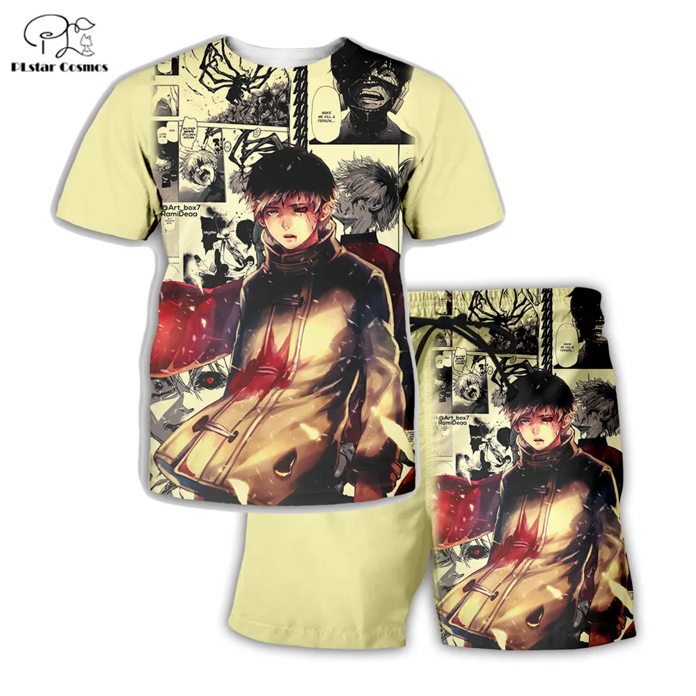 

PLstar Cosmos Summer T Shirts Men Anime Comic Printed Tokyo Ghoul 3D T-Shirt and shorts Mens for boy Tokyo Ghoul Suit TG-03