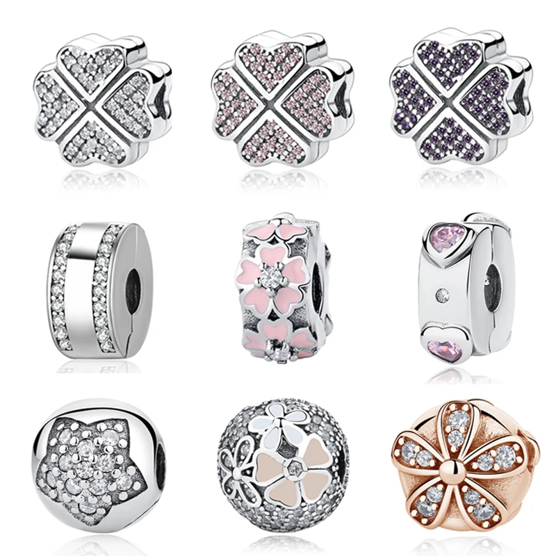 

925 Sterling Silver Charms Clear Crystal Petals Of Love CZ Clover Safety Stopper Clips DIY Beads Fit Original Pandora Bracelets