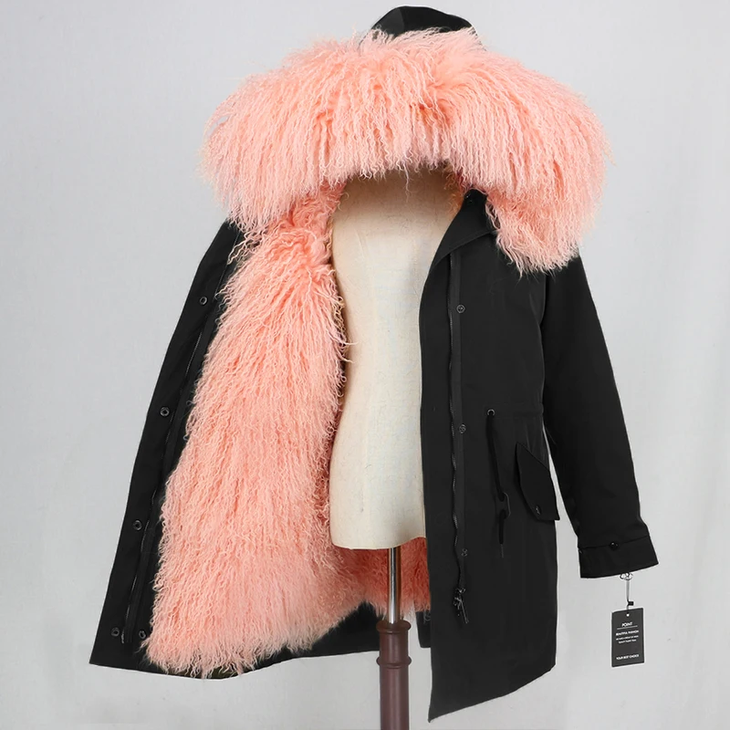 OFTBUY,, настоящая монгольская овечья шерсть, пальто, женская длинная парка, зимняя куртка, съемная, водонепроницаемая, верхняя одежда, роскошный бренд, уличная одежда - Цвет: black pink