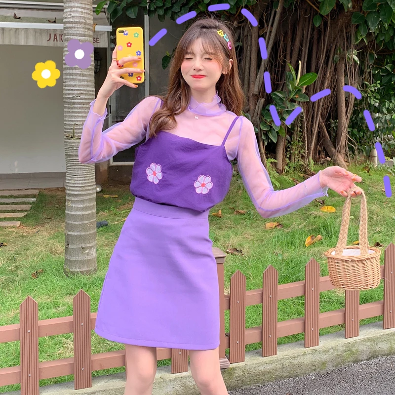 

2019 summer 3 piece set women korean chic vintage streetwear hipster Flower camisole + Solid High waist skirt + mesh pullover