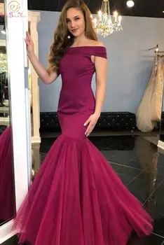 

Burgundy Boat Neck Evening Dresses 2019 Fashionable Off Shoulder Mermaid Floor Length Satin Stunning Tulle Dress hem Formal Gown