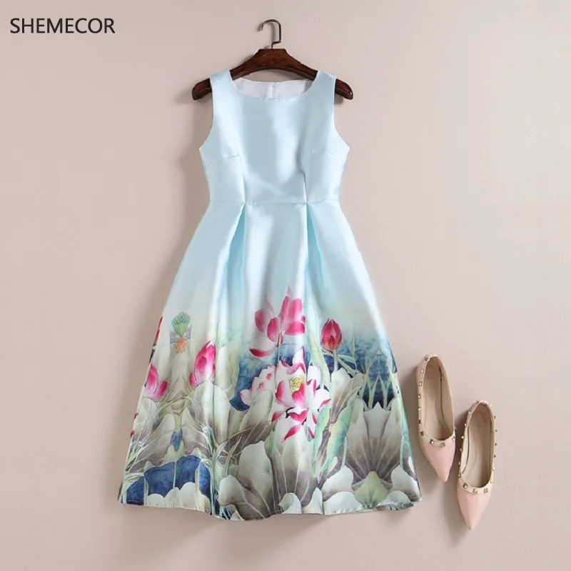 SHEMECOR, осень, новое женское платье Mori Girl, свежий стиль, цветок лотоса, цветочный принт, высокая талия, ТРАПЕЦИЕВИДНОЕ платье без рукавов, голубое, розовое, размера плюс - Цвет: 01