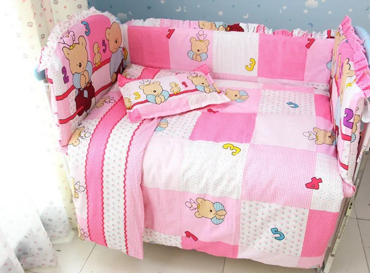

Promotion! 7pcs Pink Bear Baby Bedding Set Cartoon Crib Bedding Detachable Cot Quilt (bumper+duvet+matress+pillow)