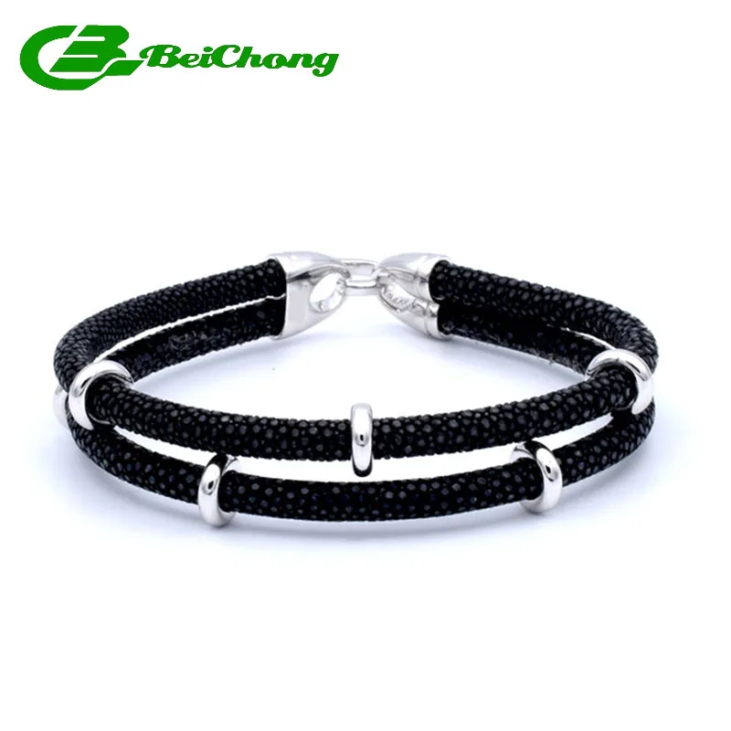 

Fashion Two Layer Leather Charm Silver Stainless steel Strap Men Luxury Thailand Leather Stingray Genuine Bracelets Bangle