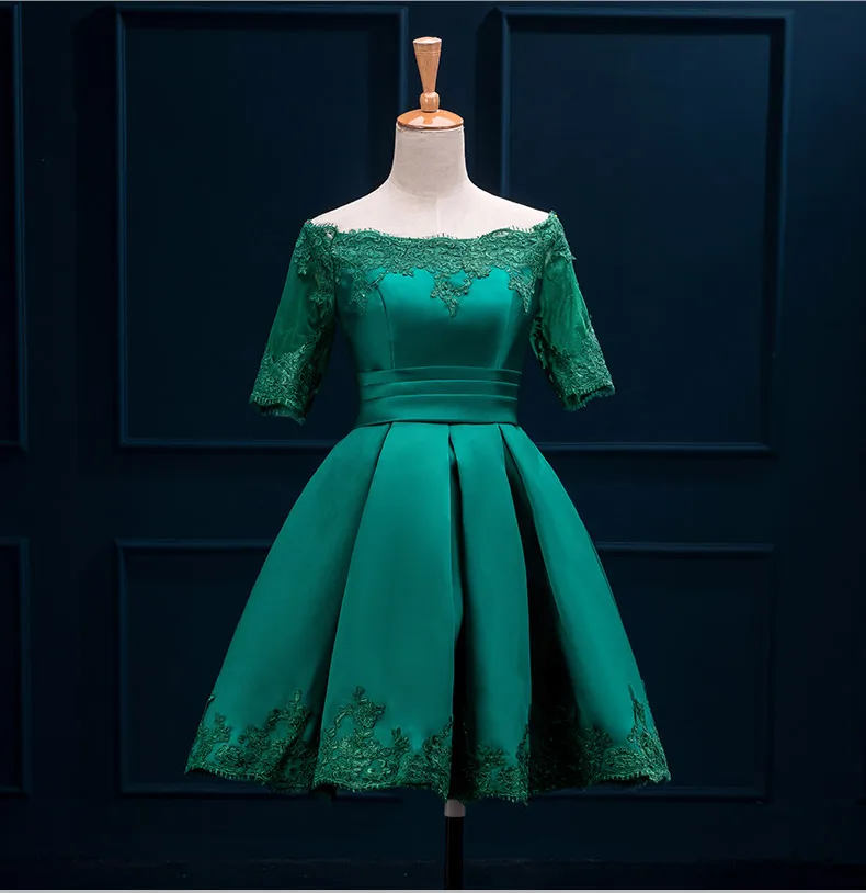 Женское короткое вечернее платье SSYFashion, роскошное атласное платье с кружевной вышивкой и коротким рукавом, А-силуэт, вырез лодочкой, элегантное бальное платье для свадебных торжеств и выпускных вечеринок - Цвет: Зеленый